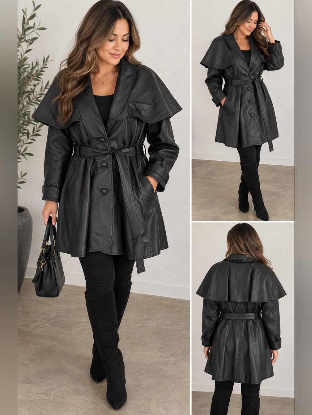 Vintage Women's Black Genuine Leather Trench Coat with Belt